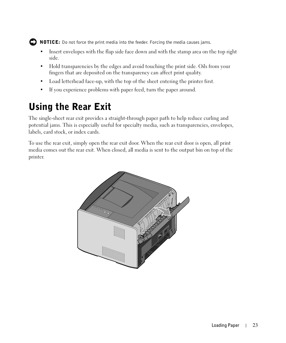 Using the rear exit | Dell 1710/n Mono Laser Printer User Manual | Page 23 / 108