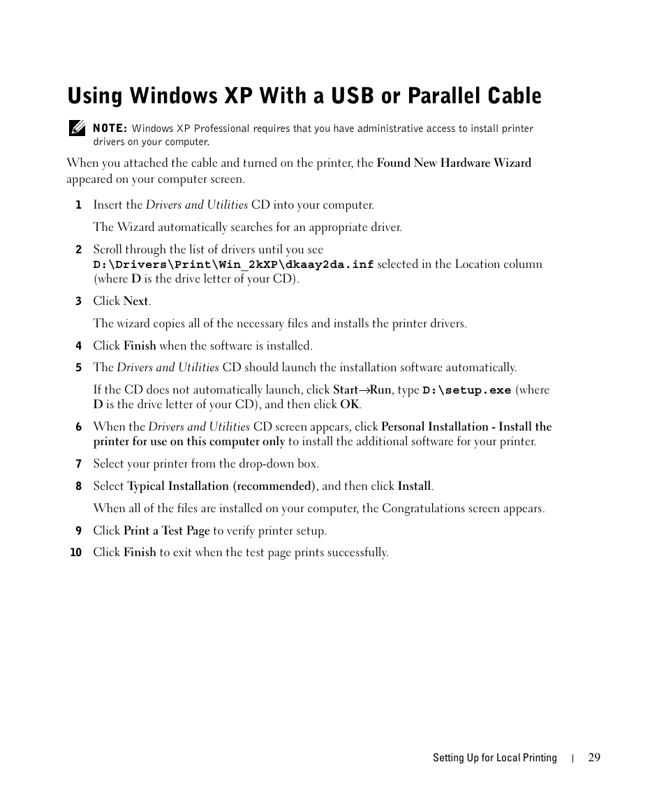 Using windows xp with a usb or parallel cable | Dell 1710/n Mono Laser Printer User Manual | Page 29 / 108
