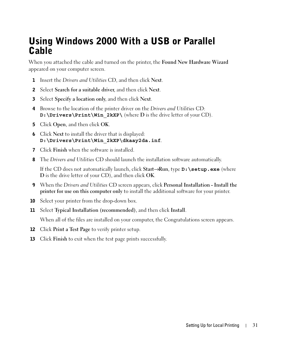Using windows 2000 with a usb or parallel cable | Dell 1710/n Mono Laser Printer User Manual | Page 31 / 108