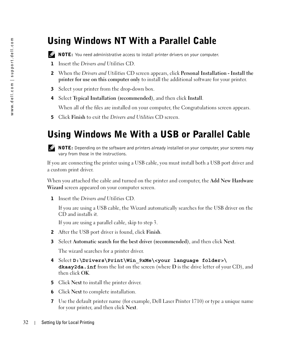 Using windows nt with a parallel cable, Using windows me with a usb or parallel cable | Dell 1710/n Mono Laser Printer User Manual | Page 32 / 108