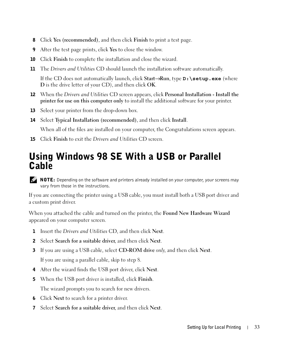 Using windows 98 se with a usb or parallel cable | Dell 1710/n Mono Laser Printer User Manual | Page 33 / 108