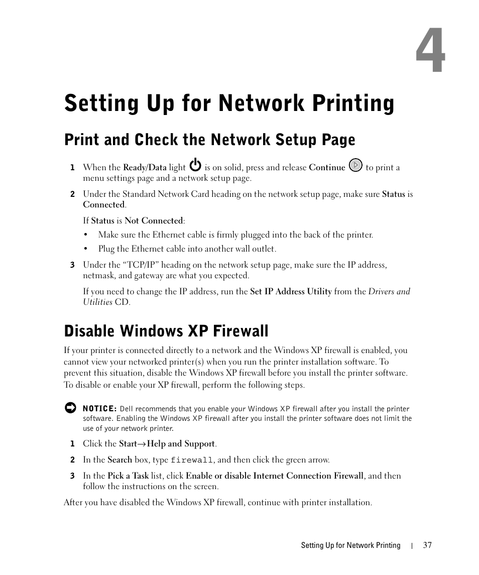 Setting up for network printing, Disable windows xp firewall, Print and check the network setup page | Dell 1710/n Mono Laser Printer User Manual | Page 37 / 108