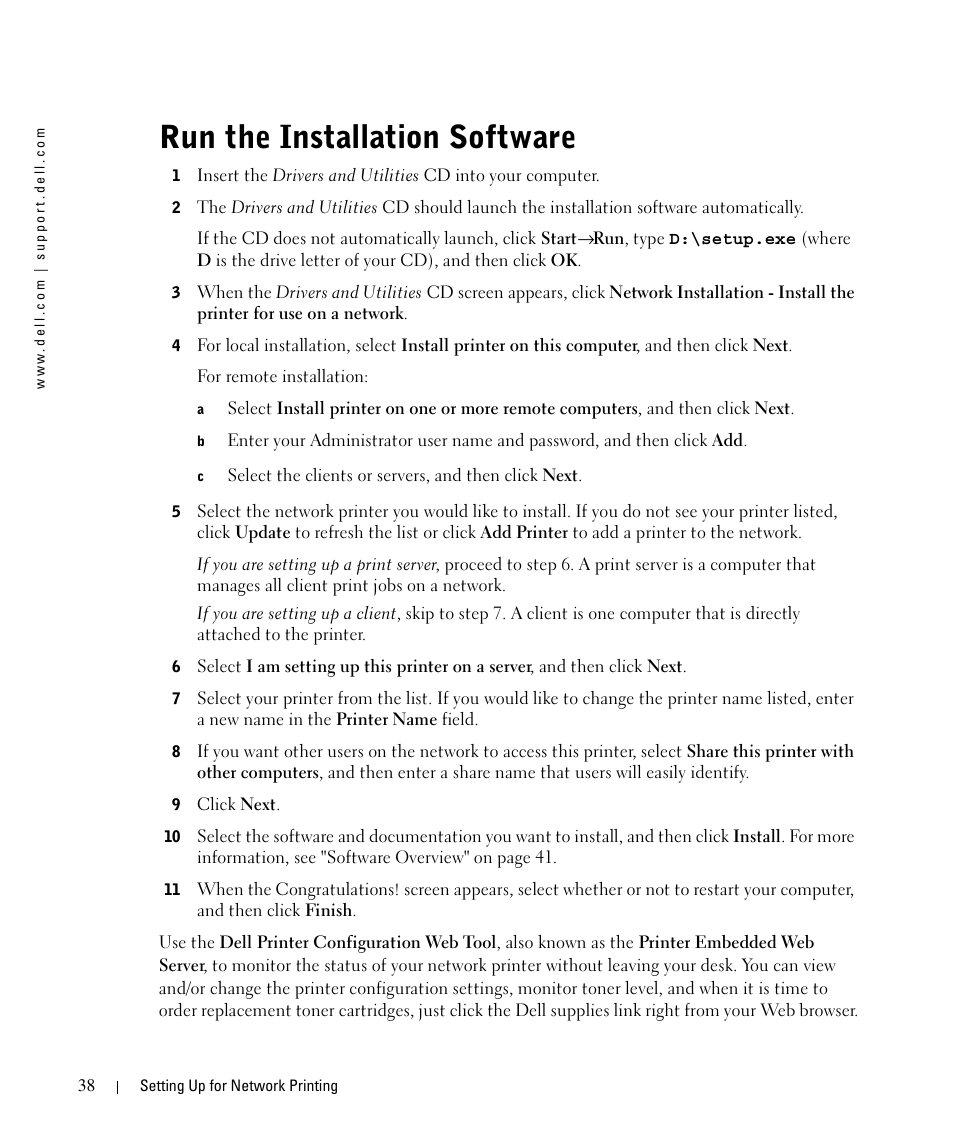 Run the installation software | Dell 1710/n Mono Laser Printer User Manual | Page 38 / 108