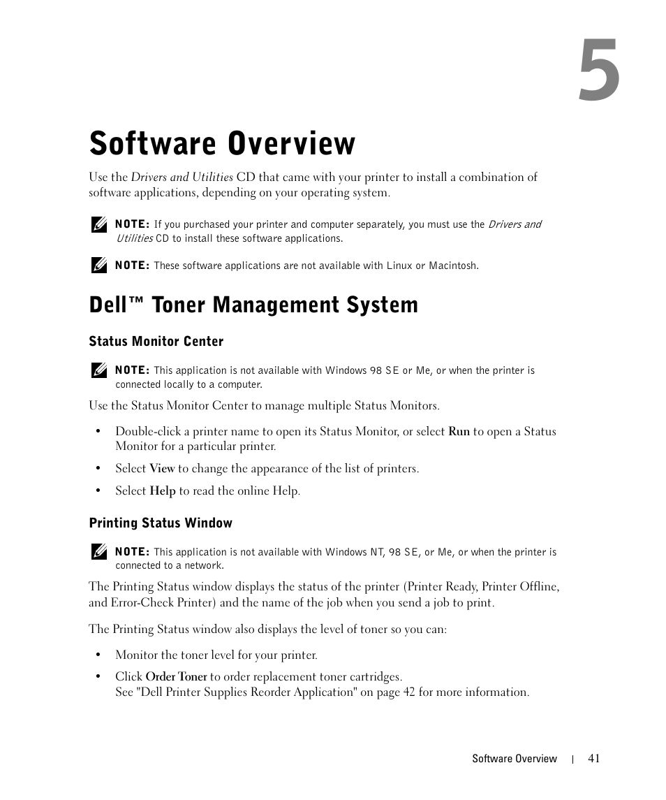Software overview, Dell™ toner management system, Status monitor center | Printing status window | Dell 1710/n Mono Laser Printer User Manual | Page 41 / 108