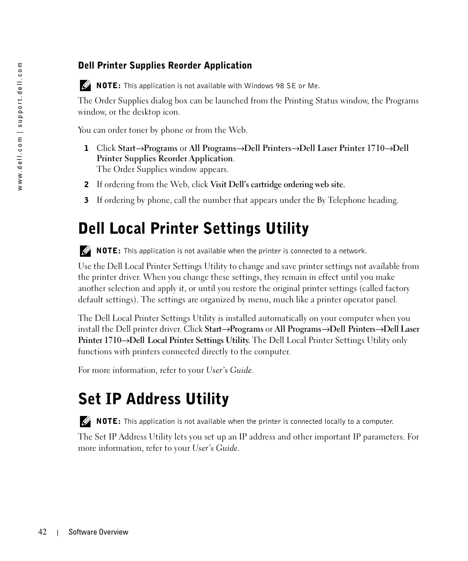 Dell printer supplies reorder application, Dell local printer settings utility, Set ip address utility | Dell 1710/n Mono Laser Printer User Manual | Page 42 / 108