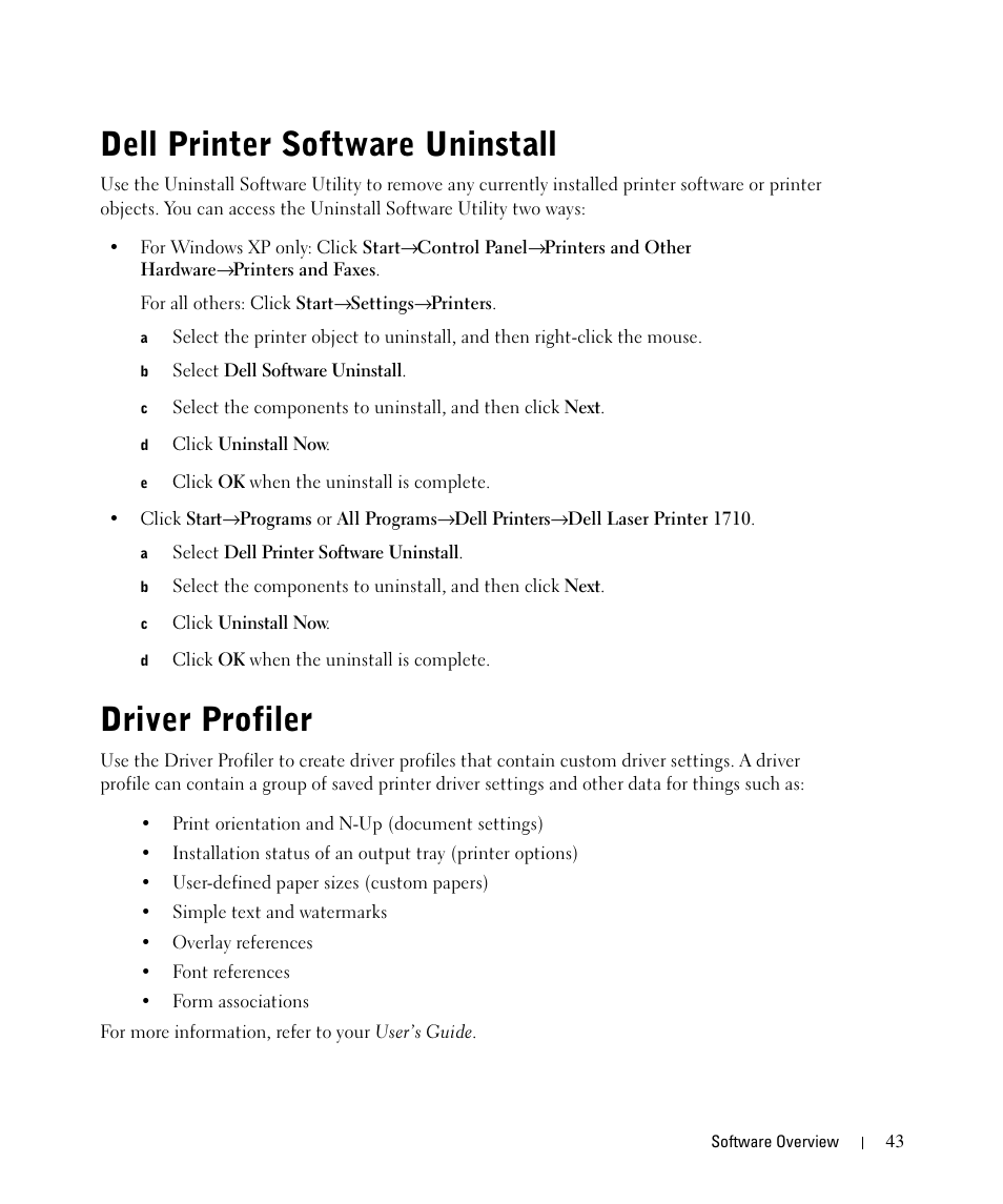 Dell printer software uninstall, Driver profiler | Dell 1710/n Mono Laser Printer User Manual | Page 43 / 108