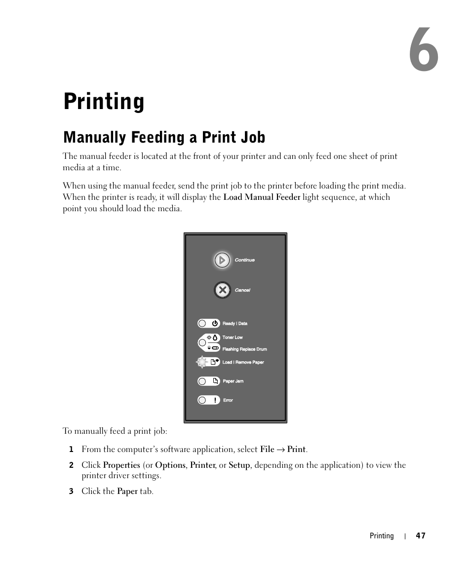 Printing, Manually feeding a print job | Dell 1710/n Mono Laser Printer User Manual | Page 47 / 108