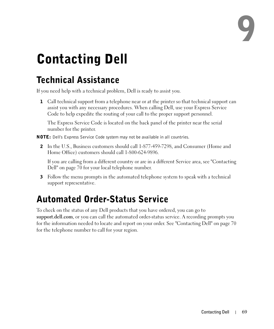 Contacting dell, Technical assistance, Automated order-status service | Dell 1710/n Mono Laser Printer User Manual | Page 69 / 108