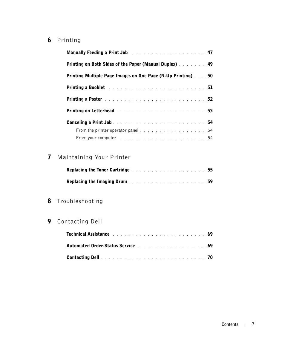 6printing, 7maintaining your printer, 8troubleshooting 9 contacting dell | Dell 1710/n Mono Laser Printer User Manual | Page 7 / 108