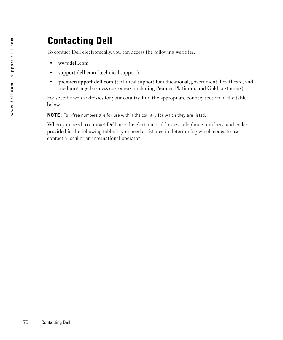 Contacting dell | Dell 1710/n Mono Laser Printer User Manual | Page 70 / 108