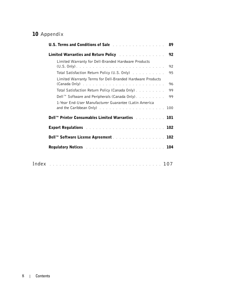 10 appendix, Index | Dell 1710/n Mono Laser Printer User Manual | Page 8 / 108