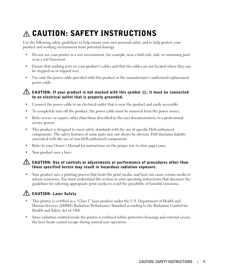 Caution: safety instructions | Dell 1710/n Mono Laser Printer User Manual | Page 9 / 108