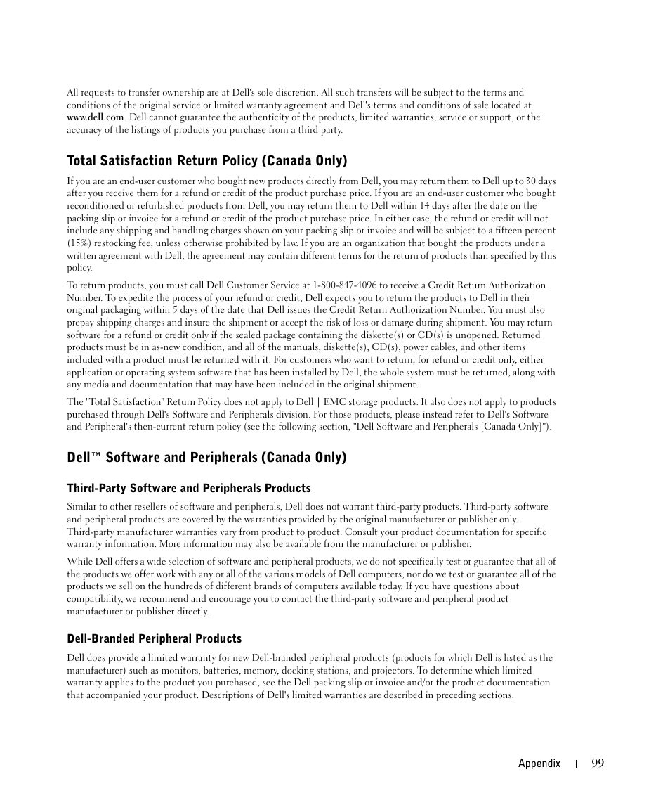Total satisfaction return policy (canada only), Dell™ software and peripherals (canada only) | Dell 1710/n Mono Laser Printer User Manual | Page 99 / 108