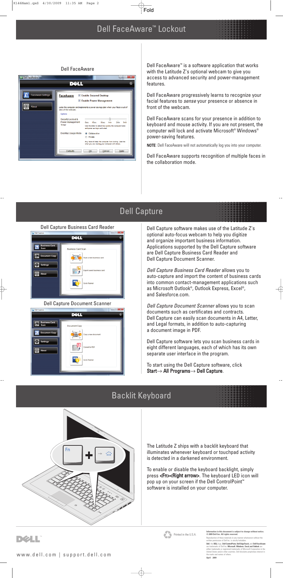 Dell faceaware, Lockout dell capture, Backlit keyboard | Dell Latitude Z (Late 2009) User Manual | Page 2 / 2