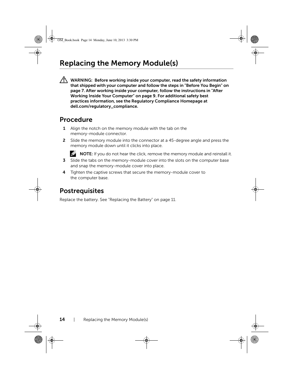 Replacing the memory module(s), Procedure, Postrequisites | Dell Inspiron 15 (3537, Mid 2013) User Manual | Page 14 / 65