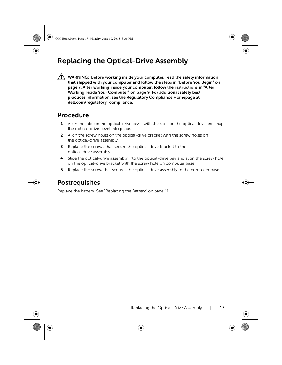 Replacing the optical-drive assembly, Procedure, Postrequisites | Dell Inspiron 15 (3537, Mid 2013) User Manual | Page 17 / 65