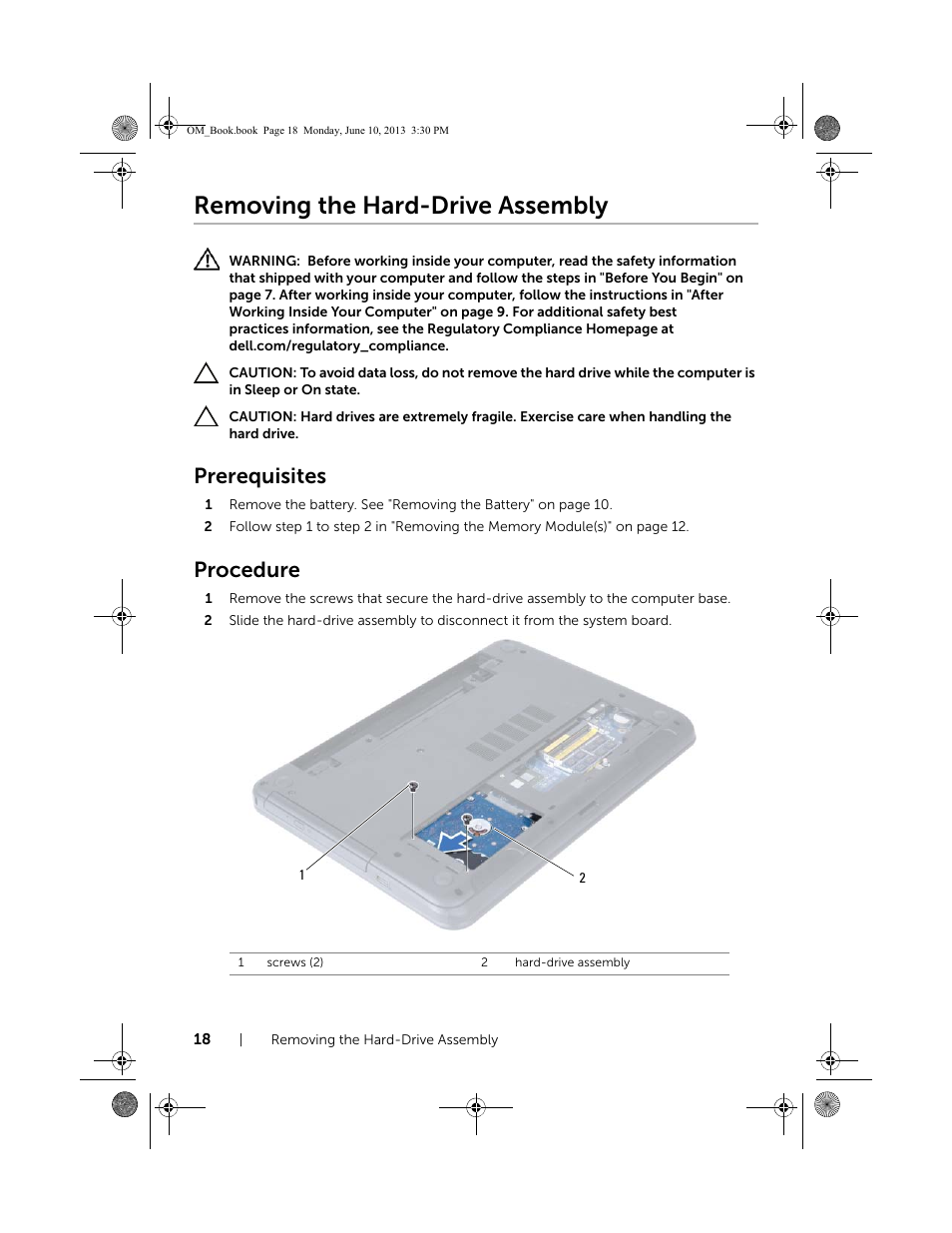 Removing the hard-drive assembly, Prerequisites, Procedure | Dell Inspiron 15 (3537, Mid 2013) User Manual | Page 18 / 65