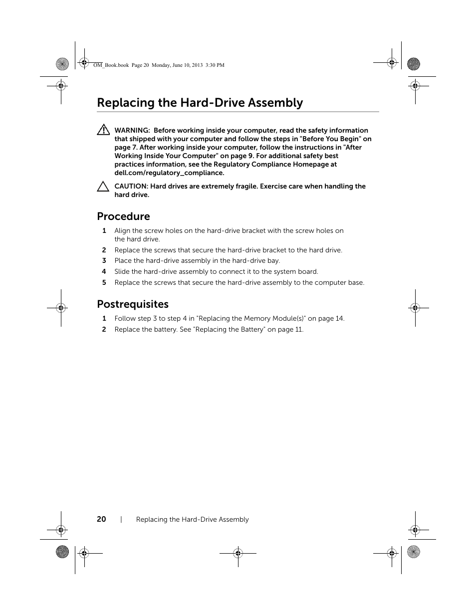 Replacing the hard-drive assembly, Procedure, Postrequisites | Dell Inspiron 15 (3537, Mid 2013) User Manual | Page 20 / 65