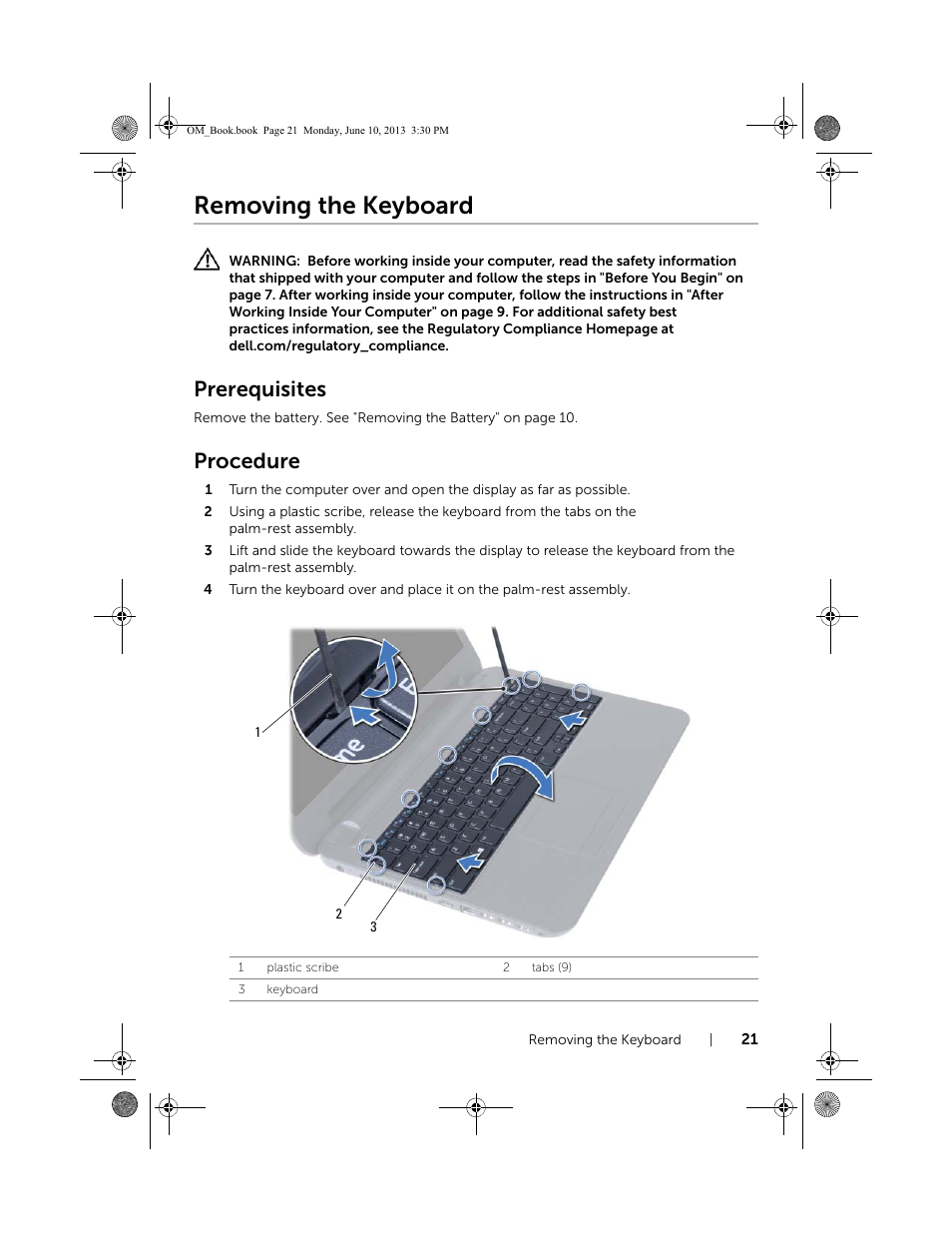 Removing the keyboard, Prerequisites, Procedure | Dell Inspiron 15 (3537, Mid 2013) User Manual | Page 21 / 65