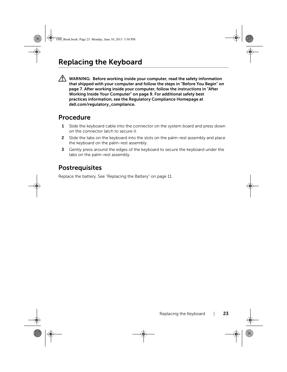 Replacing the keyboard, Procedure, Postrequisites | Dell Inspiron 15 (3537, Mid 2013) User Manual | Page 23 / 65