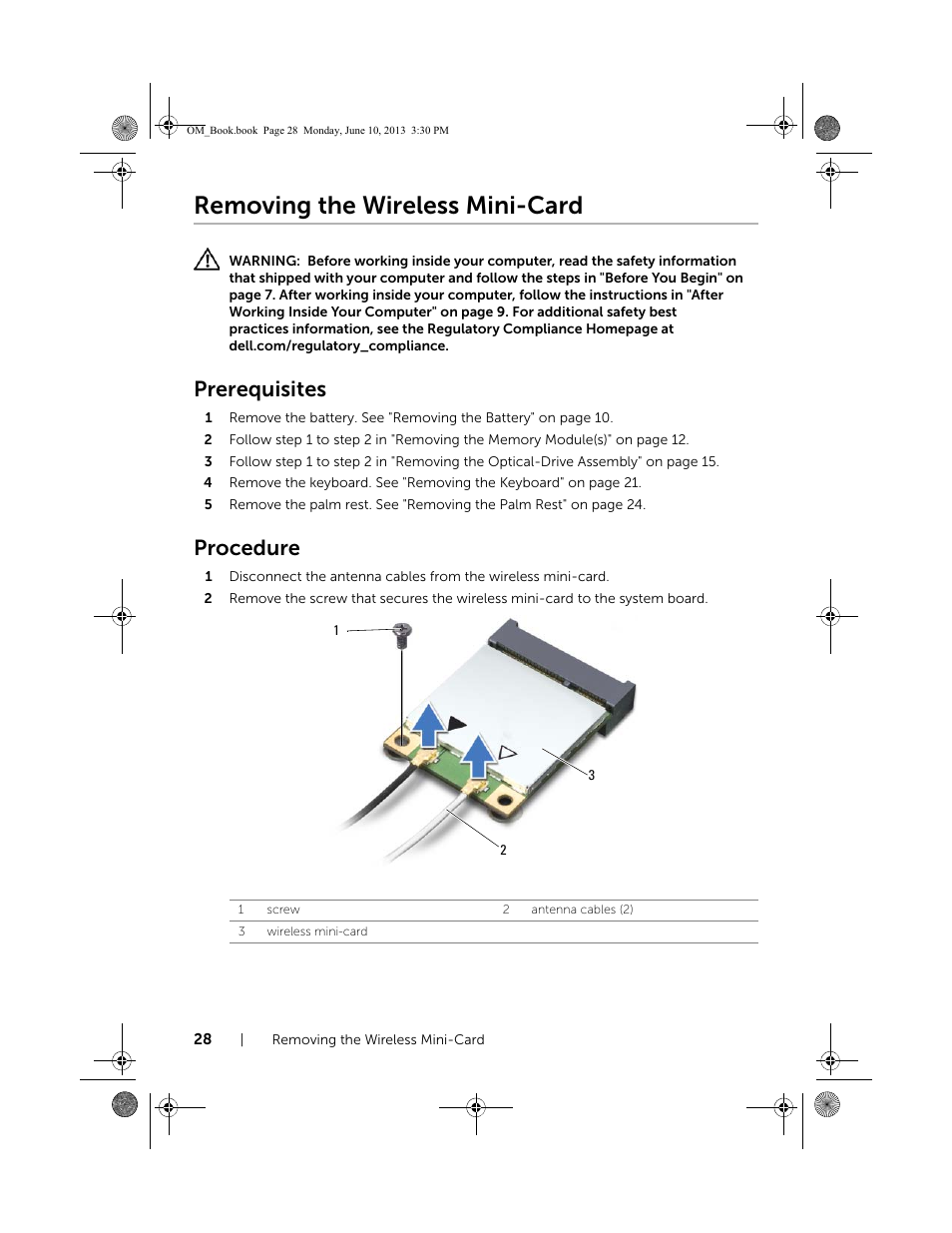 Removing the wireless mini-card, Prerequisites, Procedure | Dell Inspiron 15 (3537, Mid 2013) User Manual | Page 28 / 65