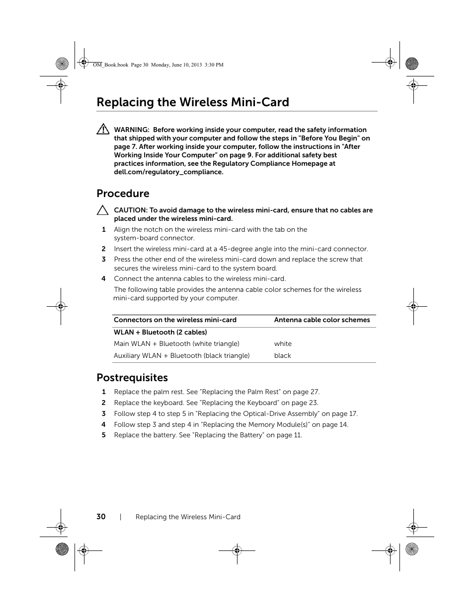 Replacing the wireless mini-card, Procedure, Postrequisites | Dell Inspiron 15 (3537, Mid 2013) User Manual | Page 30 / 65