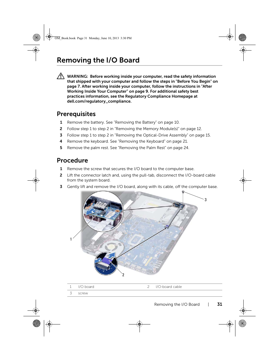 Removing the i/o board, Prerequisites, Procedure | Dell Inspiron 15 (3537, Mid 2013) User Manual | Page 31 / 65