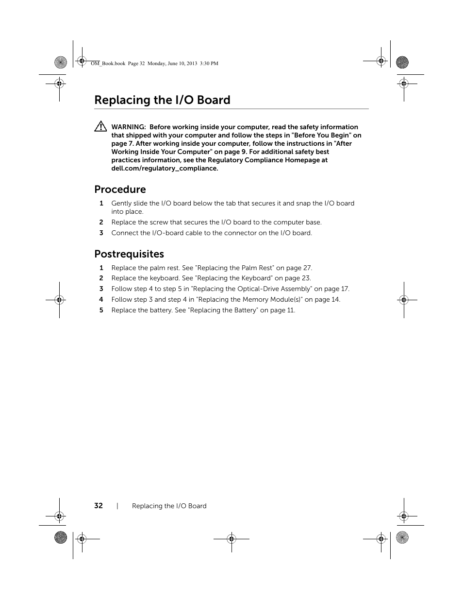 Replacing the i/o board, Procedure, Postrequisites | Dell Inspiron 15 (3537, Mid 2013) User Manual | Page 32 / 65