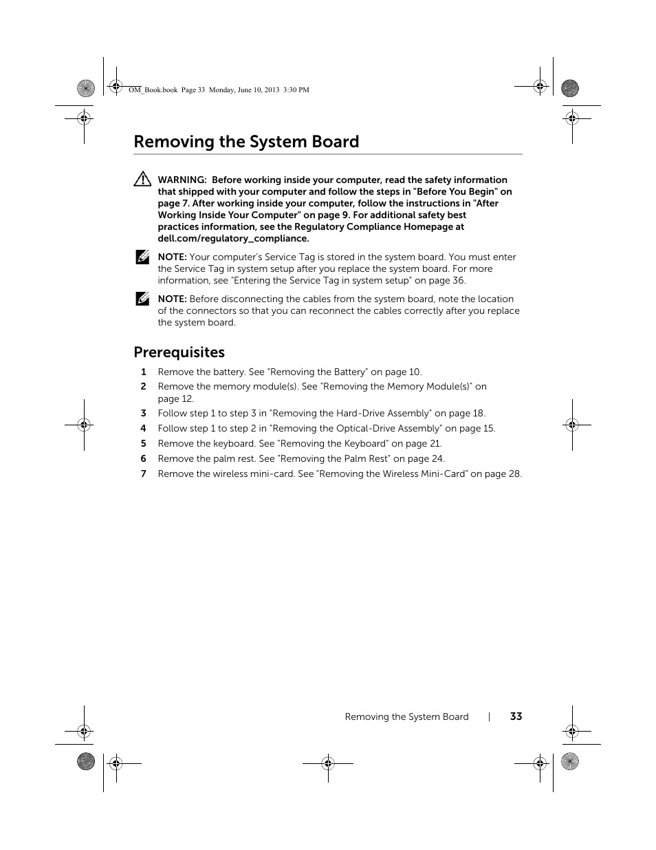 Removing the system board, Prerequisites | Dell Inspiron 15 (3537, Mid 2013) User Manual | Page 33 / 65