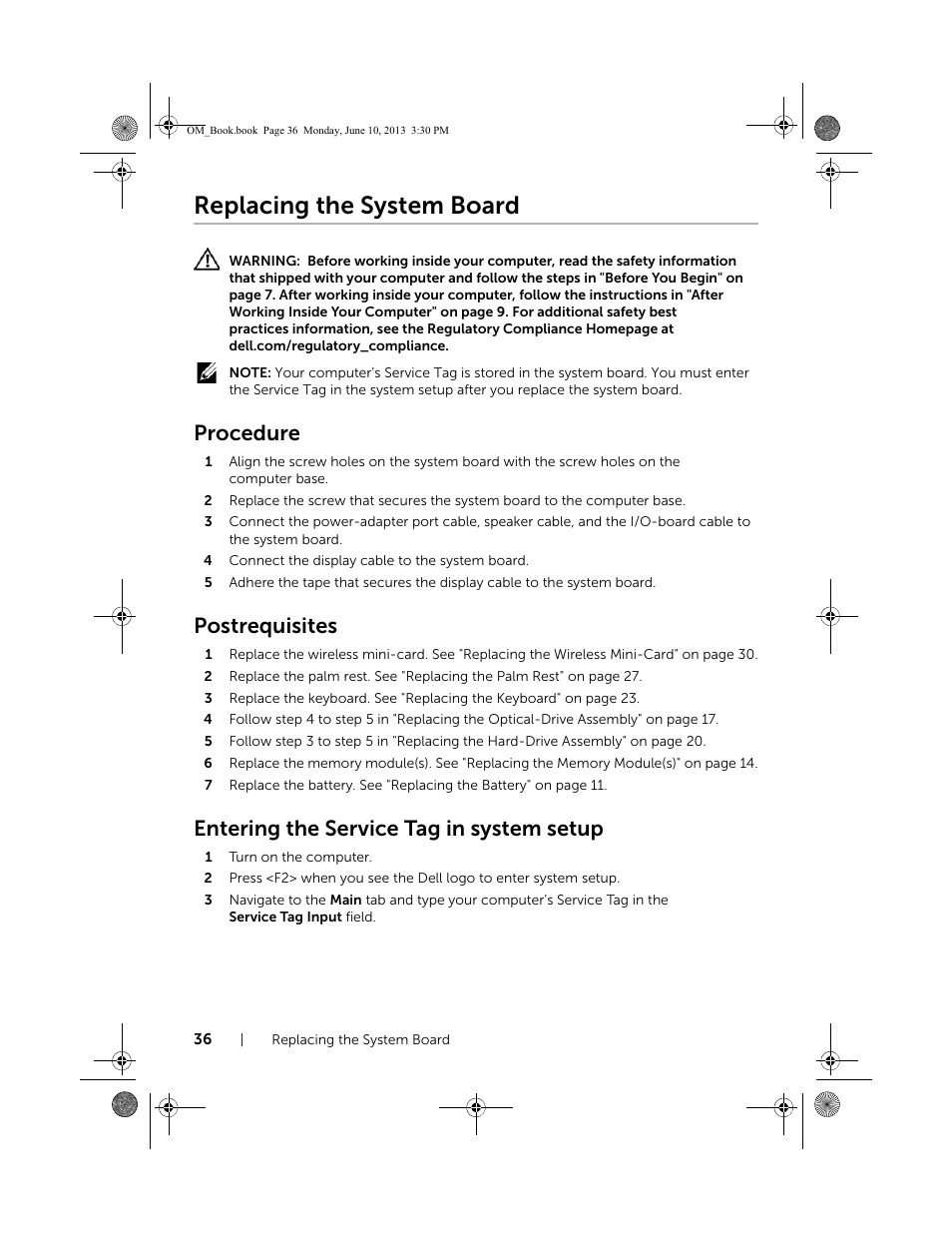 Replacing the system board, Procedure, Postrequisites | Entering the service tag in system setup | Dell Inspiron 15 (3537, Mid 2013) User Manual | Page 36 / 65