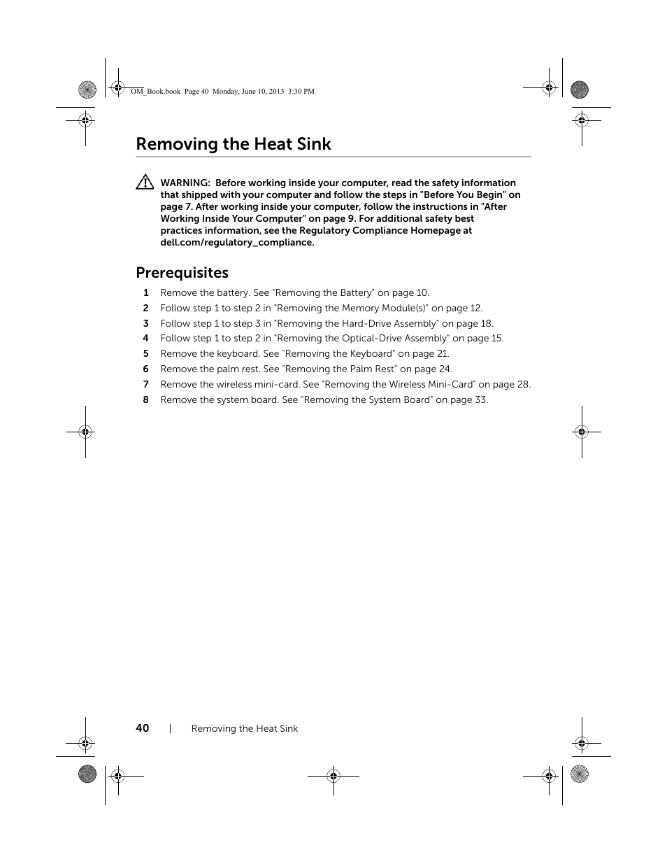 Removing the heat sink, Prerequisites | Dell Inspiron 15 (3537, Mid 2013) User Manual | Page 40 / 65