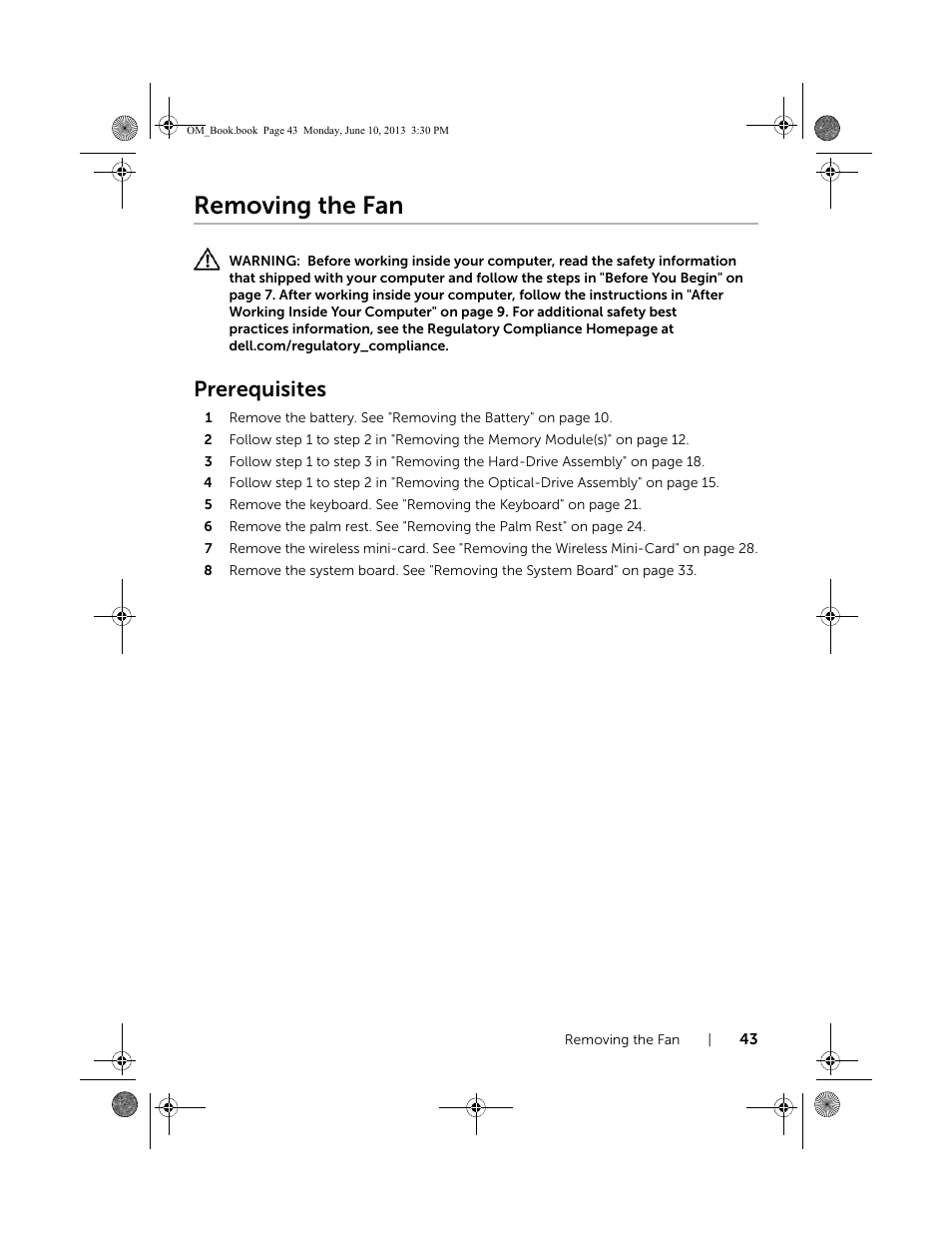 Removing the fan, Prerequisites | Dell Inspiron 15 (3537, Mid 2013) User Manual | Page 43 / 65