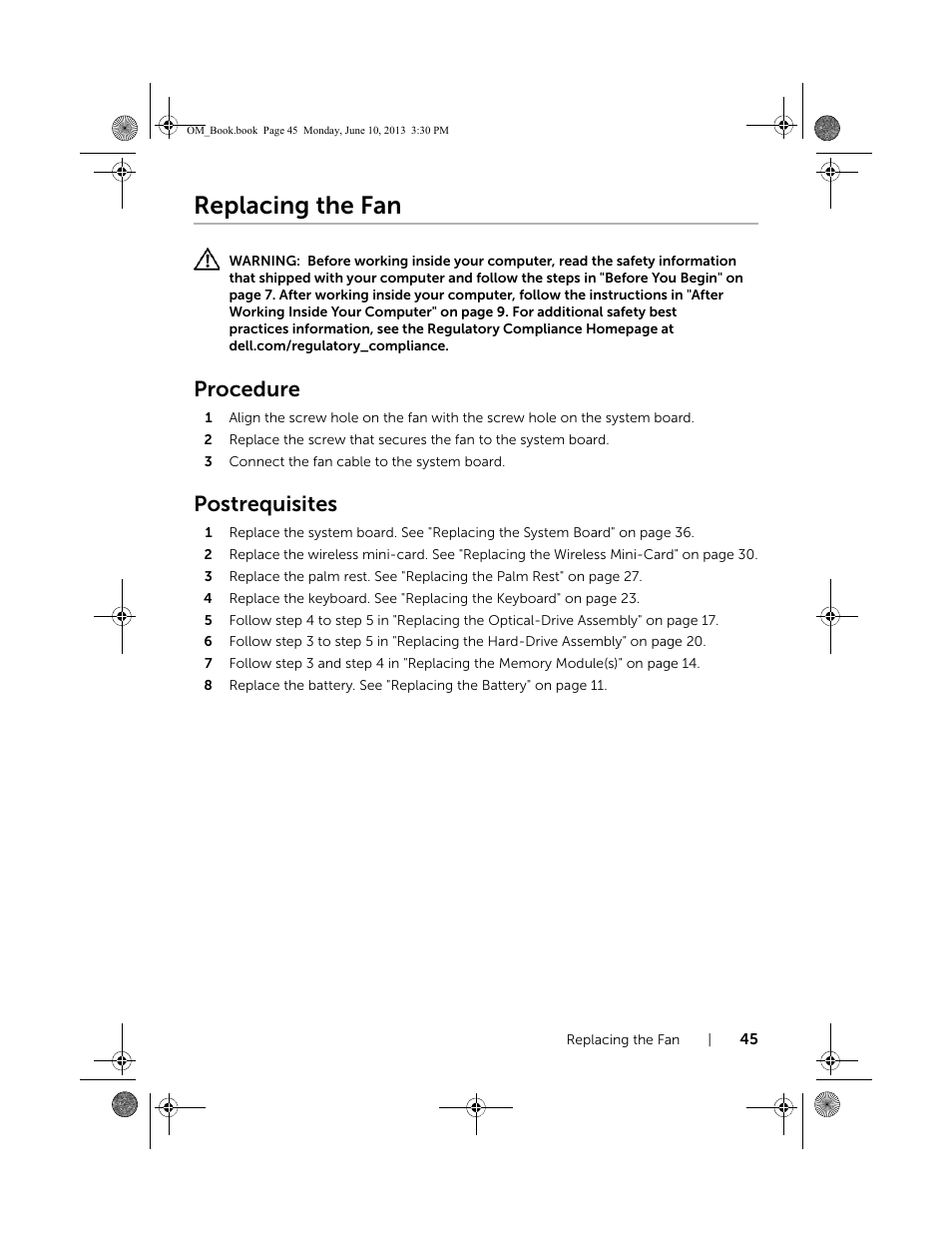 Replacing the fan, Procedure, Postrequisites | Dell Inspiron 15 (3537, Mid 2013) User Manual | Page 45 / 65