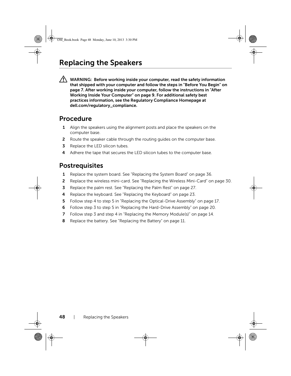 Replacing the speakers, Procedure, Postrequisites | Dell Inspiron 15 (3537, Mid 2013) User Manual | Page 48 / 65