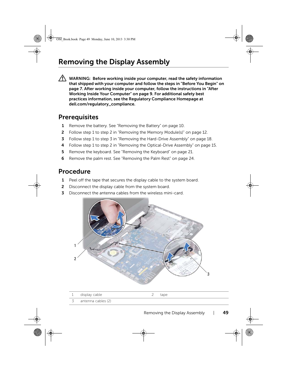 Removing the display assembly, Prerequisites, Procedure | Dell Inspiron 15 (3537, Mid 2013) User Manual | Page 49 / 65