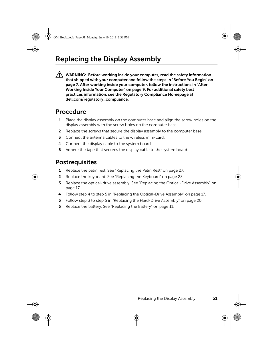 Replacing the display assembly, Procedure, Postrequisites | Dell Inspiron 15 (3537, Mid 2013) User Manual | Page 51 / 65