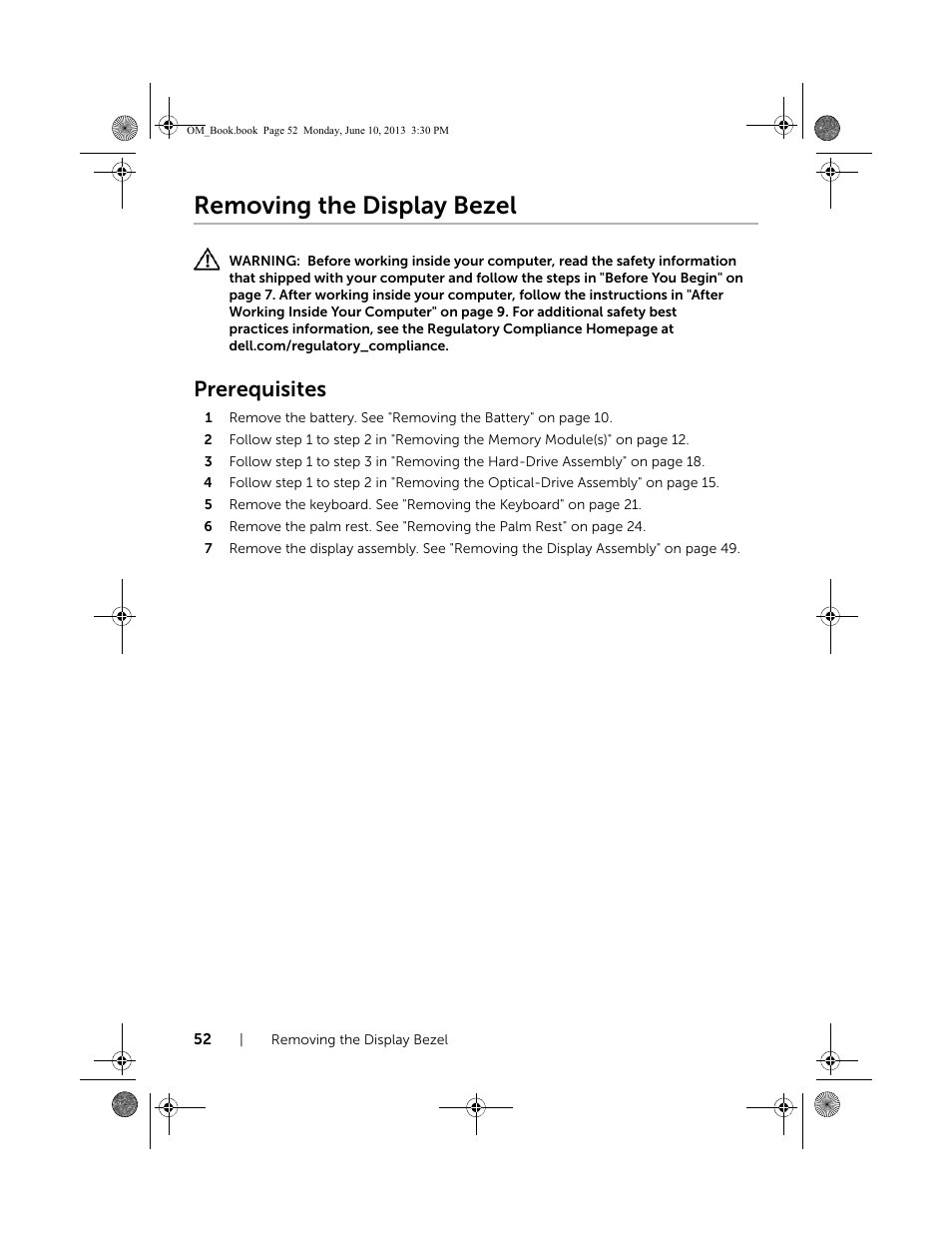 Removing the display bezel, Prerequisites | Dell Inspiron 15 (3537, Mid 2013) User Manual | Page 52 / 65