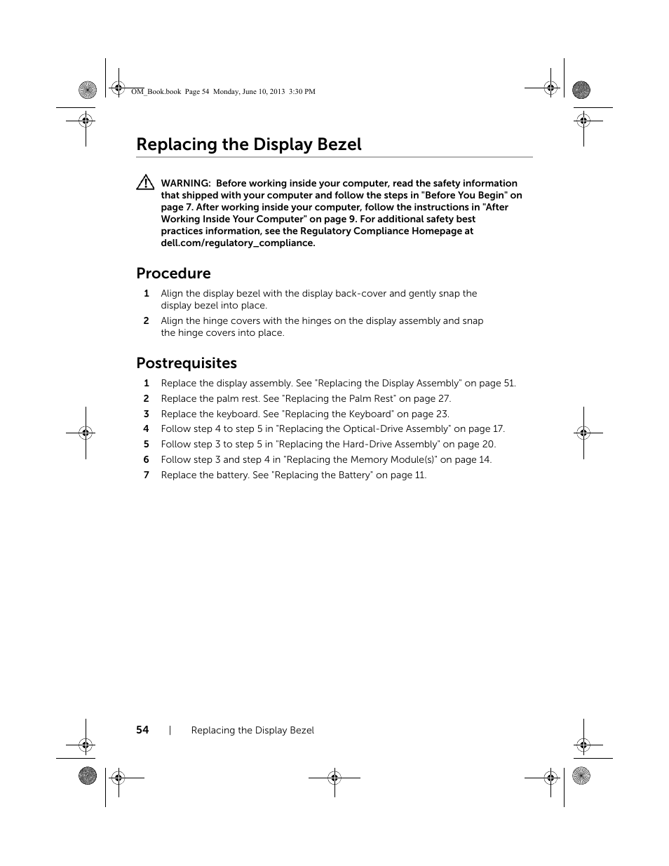 Replacing the display bezel, Procedure, Postrequisites | Dell Inspiron 15 (3537, Mid 2013) User Manual | Page 54 / 65