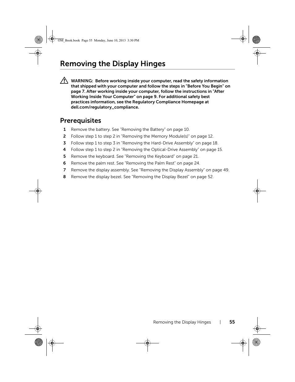 Removing the display hinges, Prerequisites | Dell Inspiron 15 (3537, Mid 2013) User Manual | Page 55 / 65
