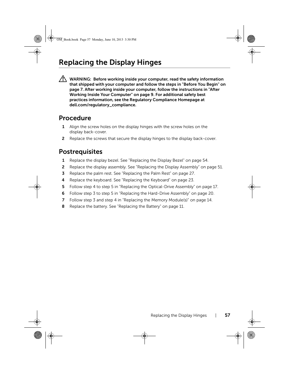 Replacing the display hinges, Procedure, Postrequisites | Dell Inspiron 15 (3537, Mid 2013) User Manual | Page 57 / 65