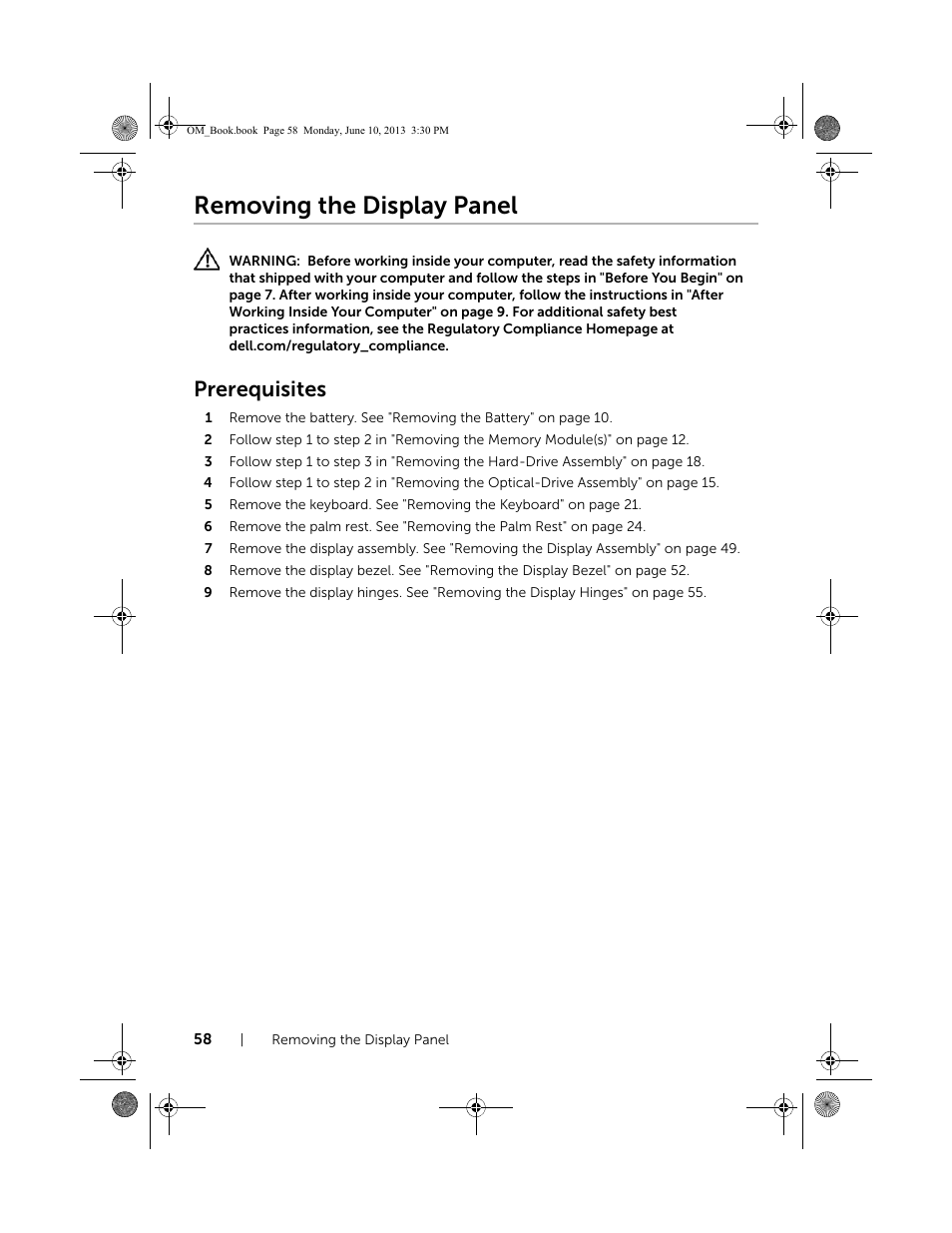 Removing the display panel, Prerequisites | Dell Inspiron 15 (3537, Mid 2013) User Manual | Page 58 / 65