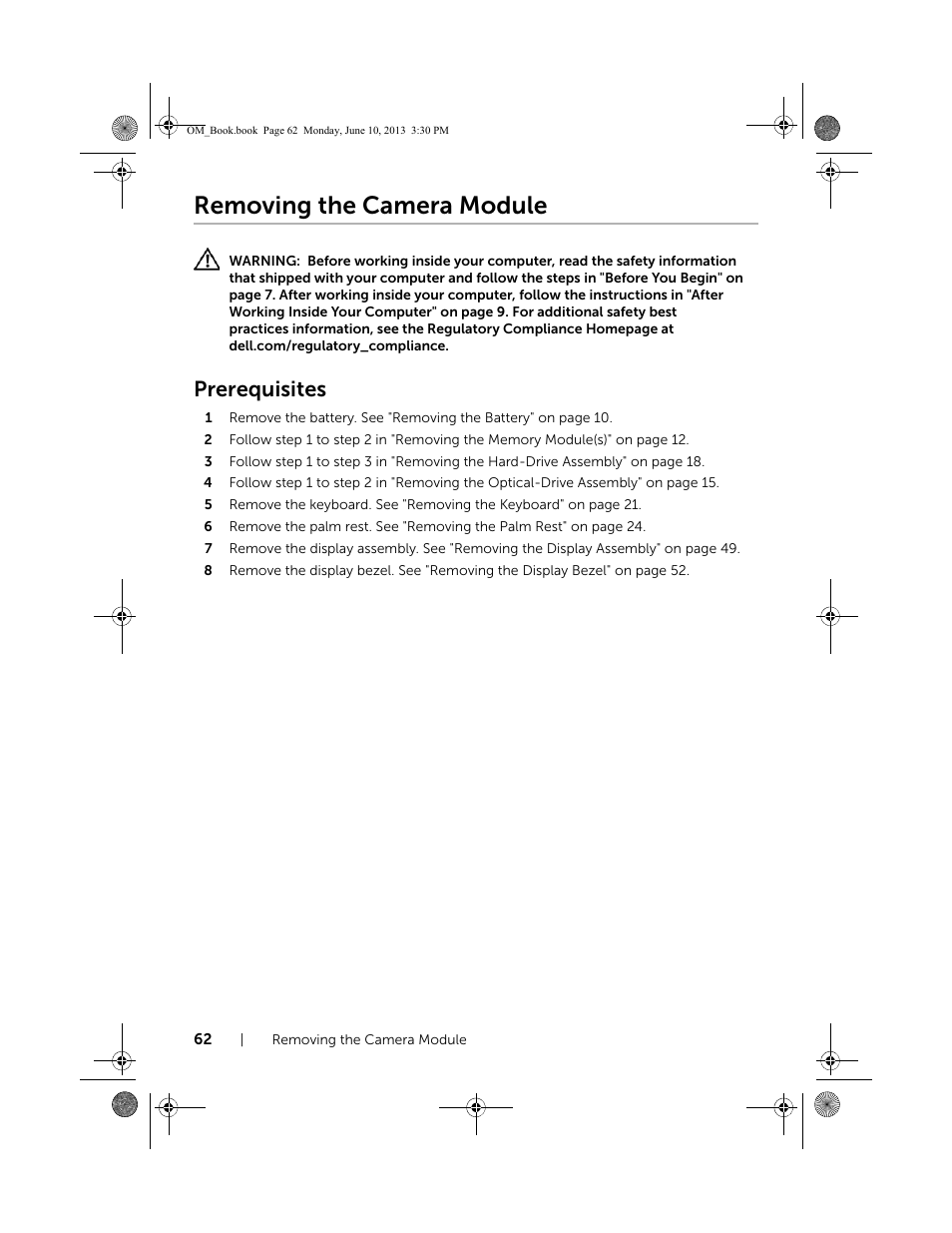 Removing the camera module, Prerequisites | Dell Inspiron 15 (3537, Mid 2013) User Manual | Page 62 / 65