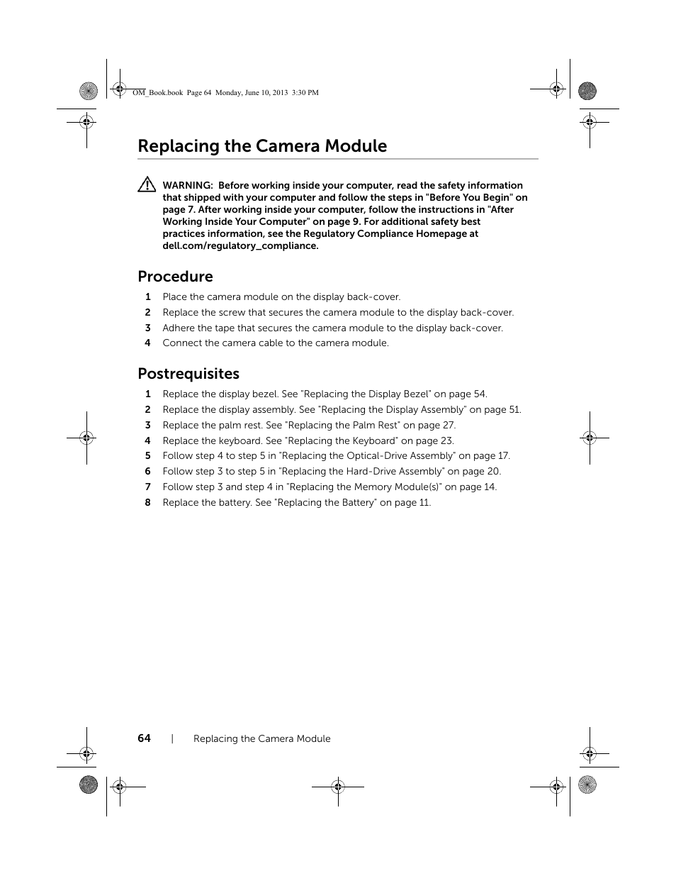 Replacing the camera module, Procedure, Postrequisites | Dell Inspiron 15 (3537, Mid 2013) User Manual | Page 64 / 65