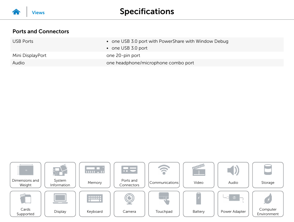 Ports and, Connectors, Specifications | Ports and connectors | Dell XPS 13 (L322X, Early 2013) User Manual | Page 10 / 22
