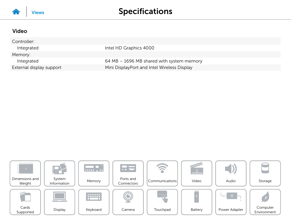 Video, Specifications | Dell XPS 13 (L322X, Early 2013) User Manual | Page 12 / 22
