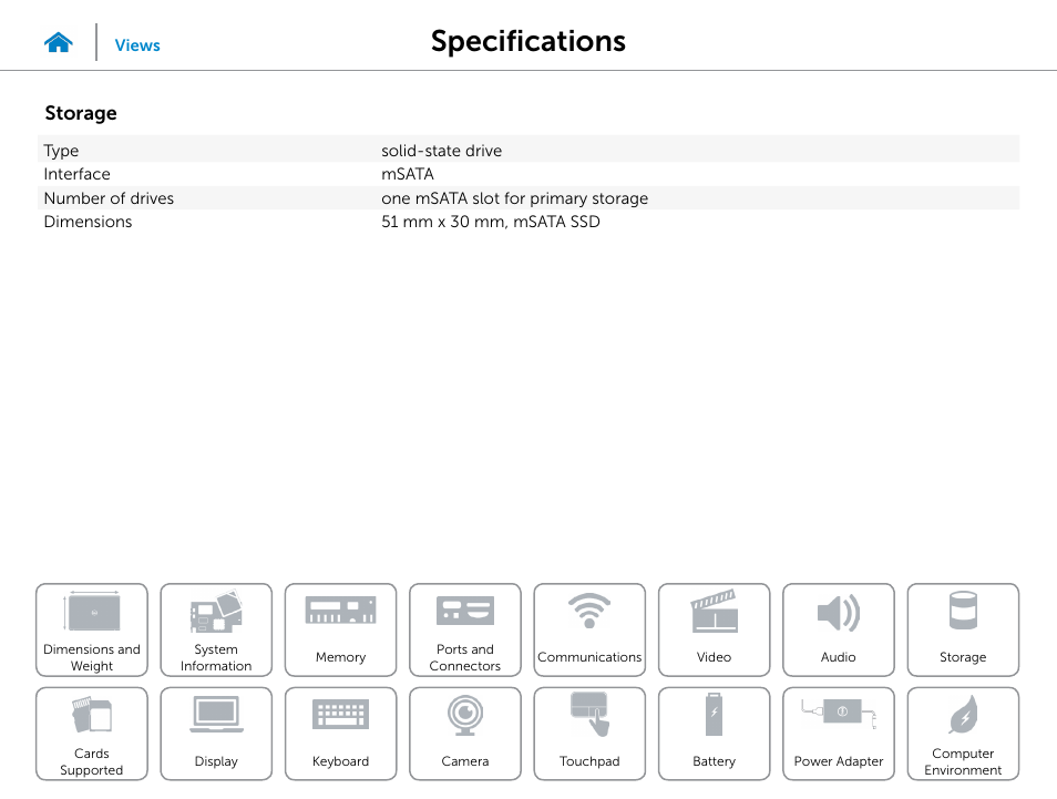 Storage, Specifications | Dell XPS 13 (L322X, Early 2013) User Manual | Page 14 / 22