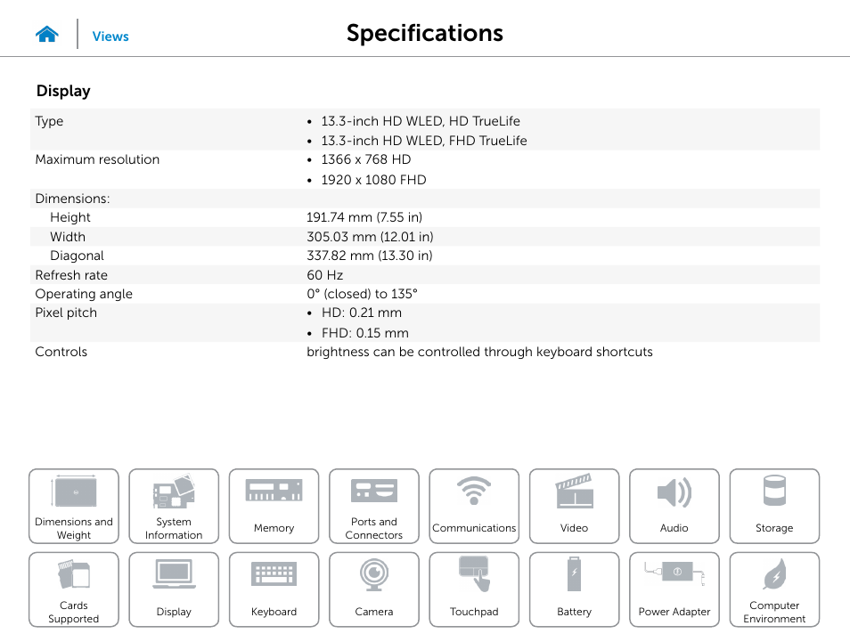 Display, Specifications | Dell XPS 13 (L322X, Early 2013) User Manual | Page 16 / 22