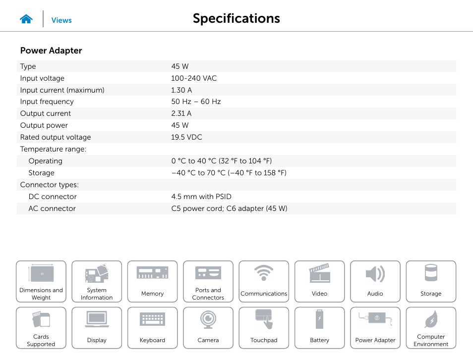 Power adapter, Specifications | Dell XPS 13 (L322X, Early 2013) User Manual | Page 21 / 22