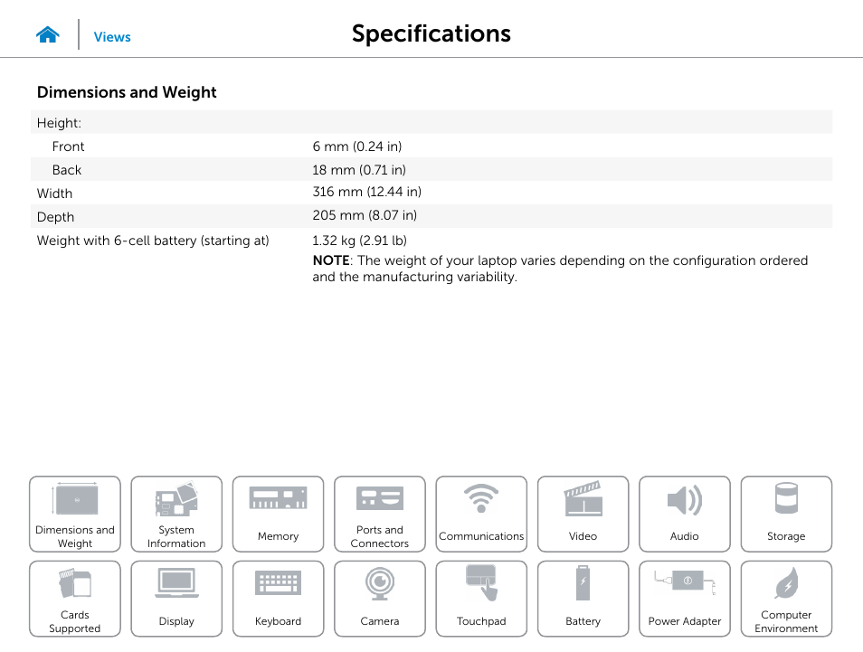 Specifications, Dimensions and weight | Dell XPS 13 (L322X, Early 2013) User Manual | Page 7 / 22
