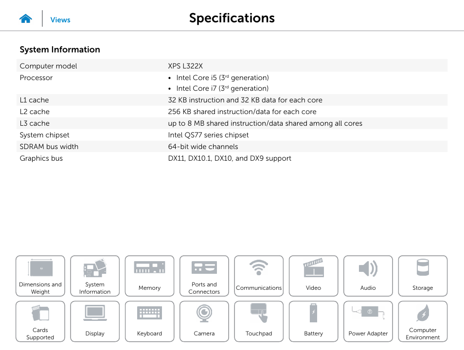 System, Information, Specifications | System information | Dell XPS 13 (L322X, Early 2013) User Manual | Page 8 / 22